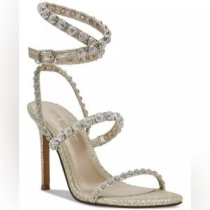 NEW Steve Madden Rhinestone Wrap Heels 8.5 Gold Formal Wedding High Heel Sandals